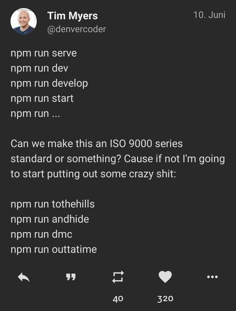 screenshot of a tweet from tim myers about script standards