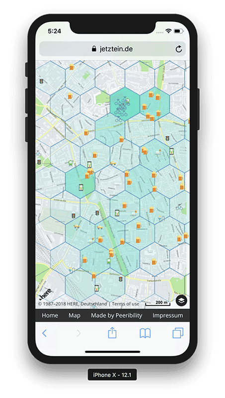 mobile phone screen with an example of how the jetztein.de map works