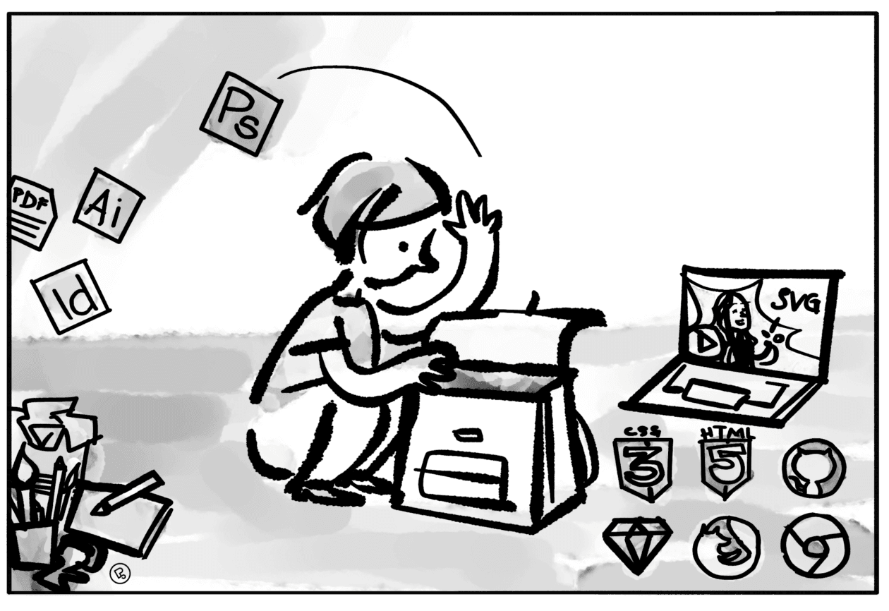 cartoon showing a person rummaging in a school bag, with a laptop in the background