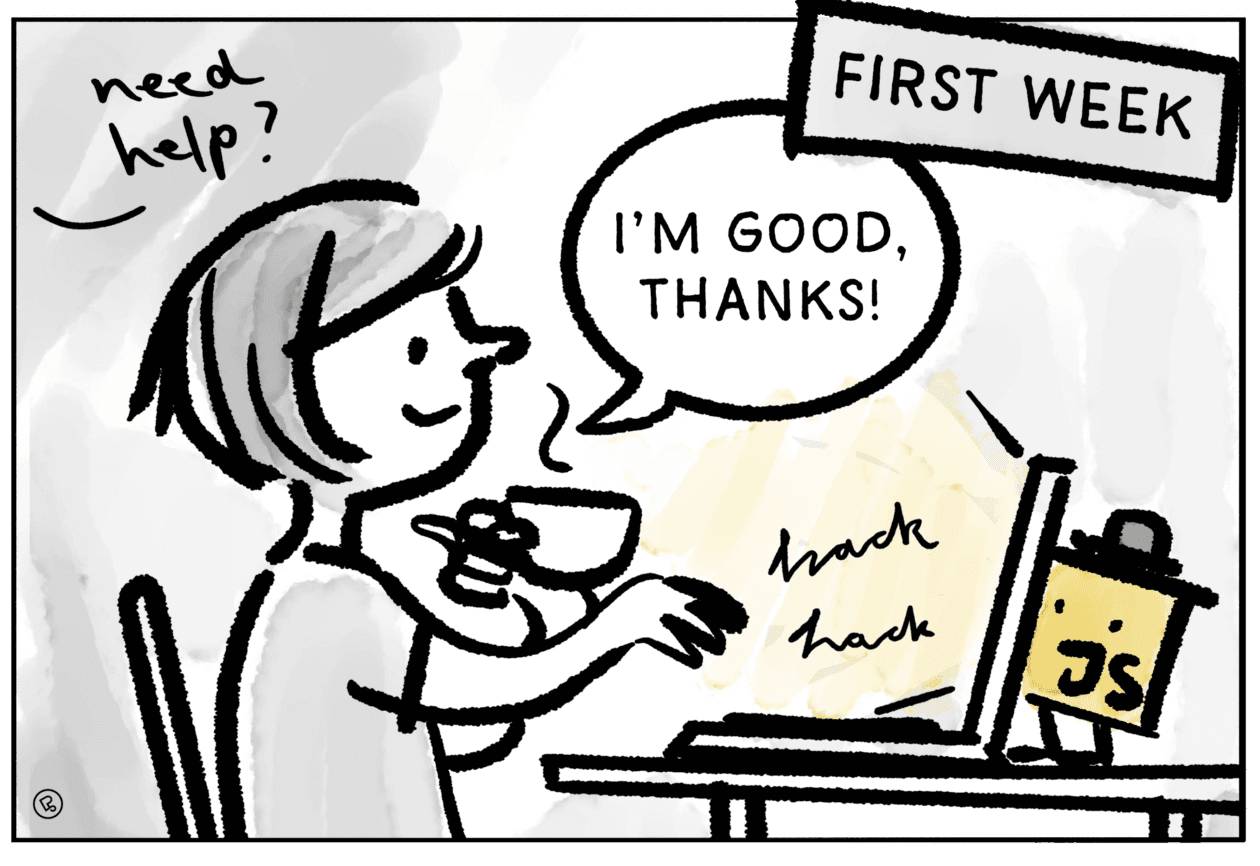 cartoon showing a satisfied person with a coffee cup in front of a laptop