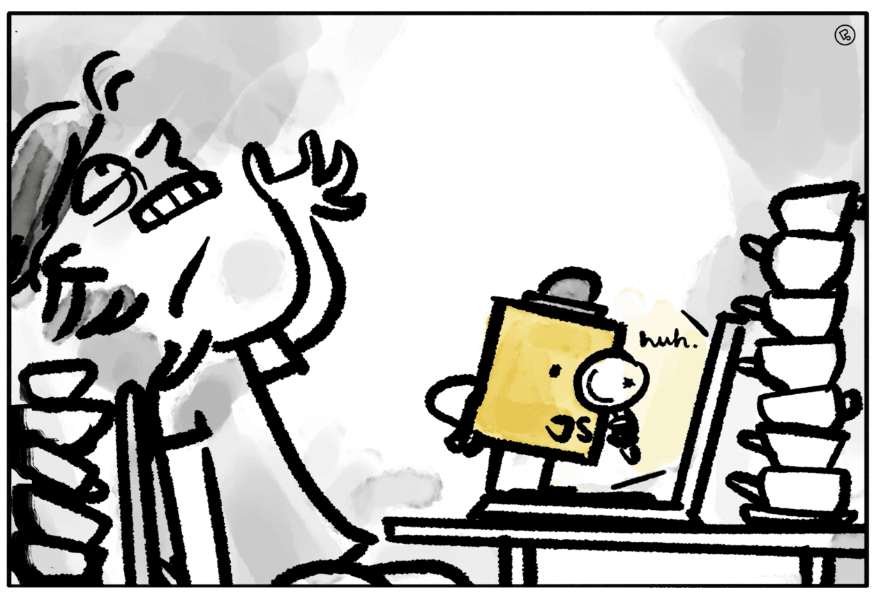 cartoon showing a desperate person in front of a laptop, the javascript logo examines the laptop with a magnifying glass