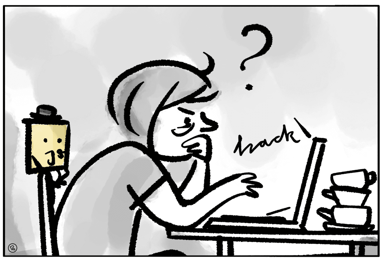 cartoon showing a confused person with question mark above the head in front of a laptop