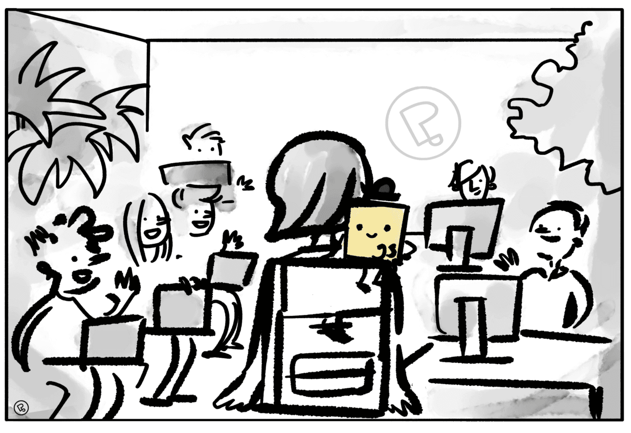 cartoon showing the person with the school bag and the javascript logo on the shoulder entering an office, with people in front of laptops waving
