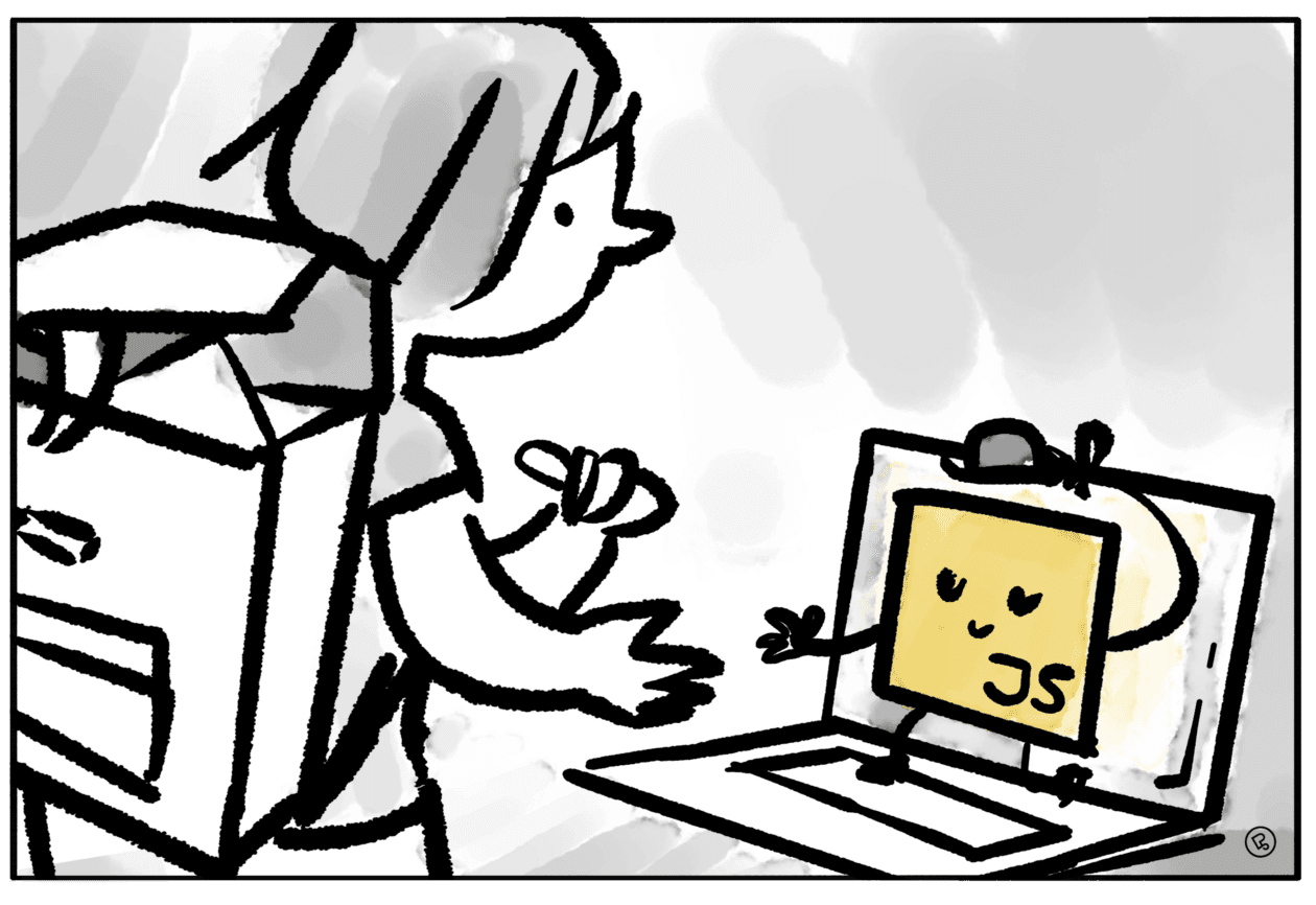 cartoon showing a person wearing a school bag in front of a laptop and the javascript logo as a character saying hello