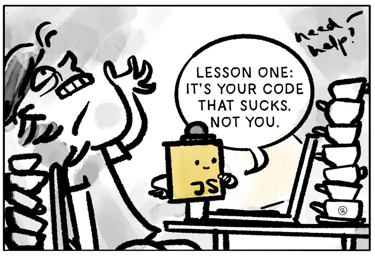 cartoon showing a desperate person in front of a laptop, the javascript logo examines the laptop with a magnifying glass talking to the person
