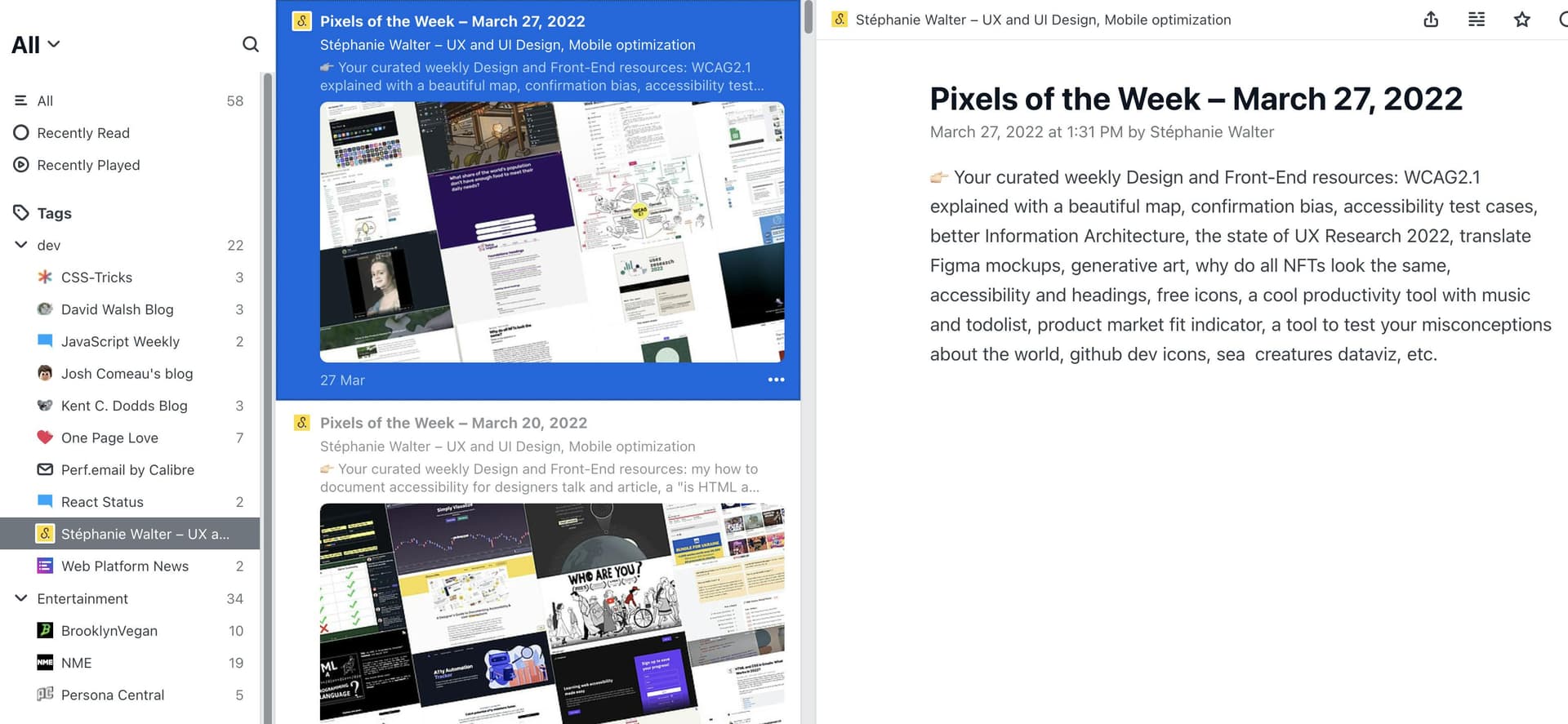 A screenshot the RSS reader FeedBin