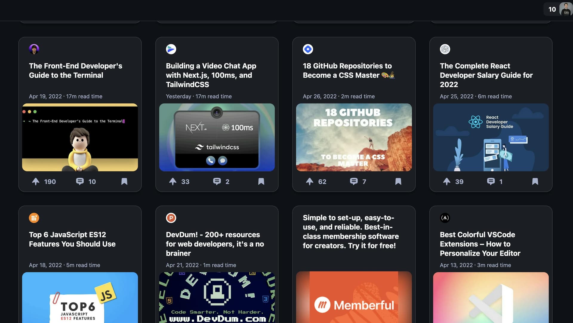A screenshot of someone's Daily Dev tab feed
