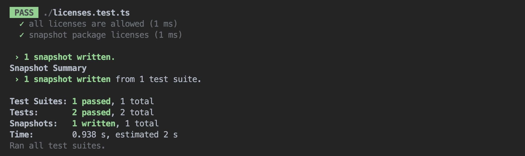 Screenshot of the CLI output of the above command: all tests passed and Jest tells us, it wrote a snapshot from 1 test suite