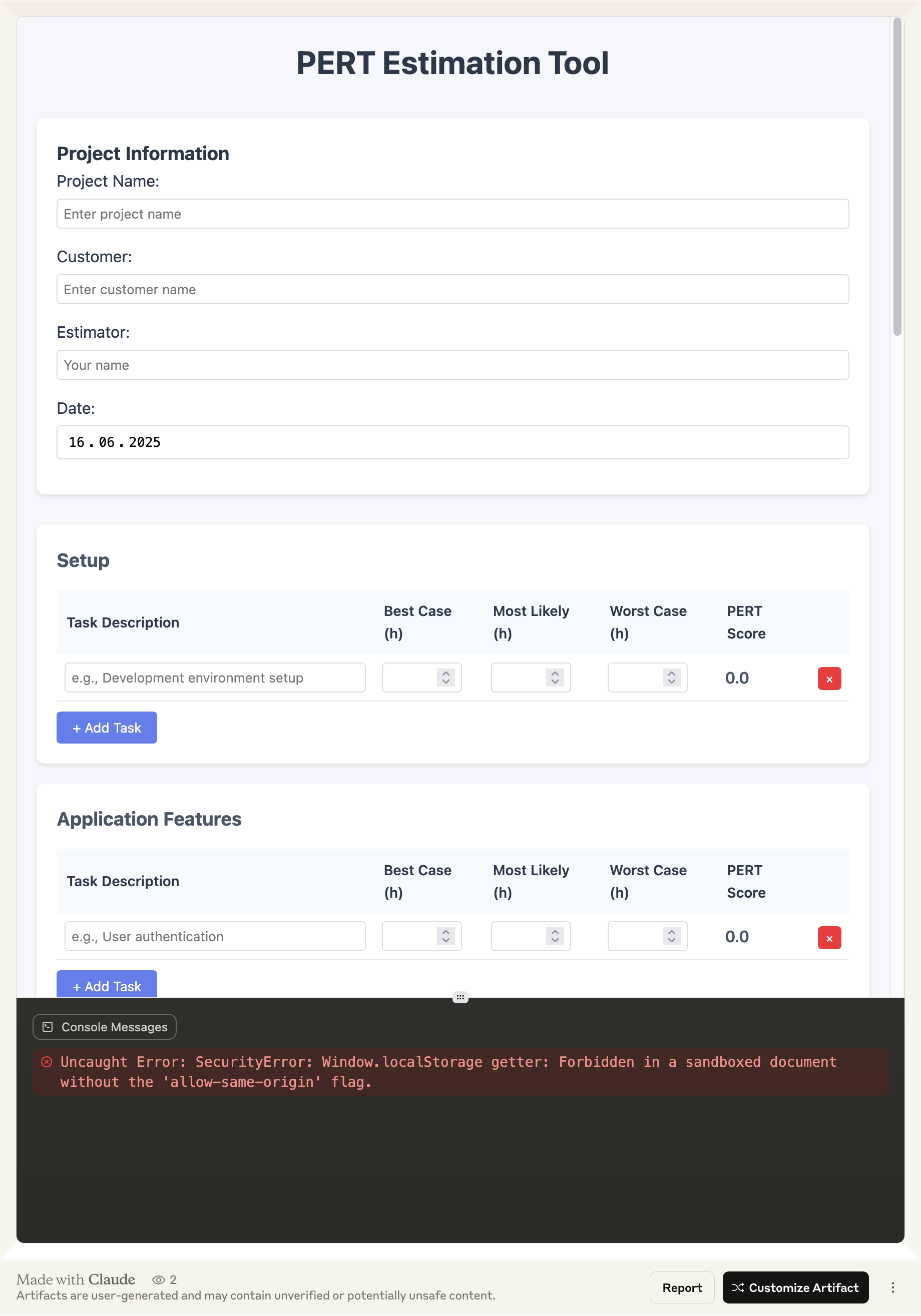 Screenshot: PERT Estimation Tool Prototyp with error message