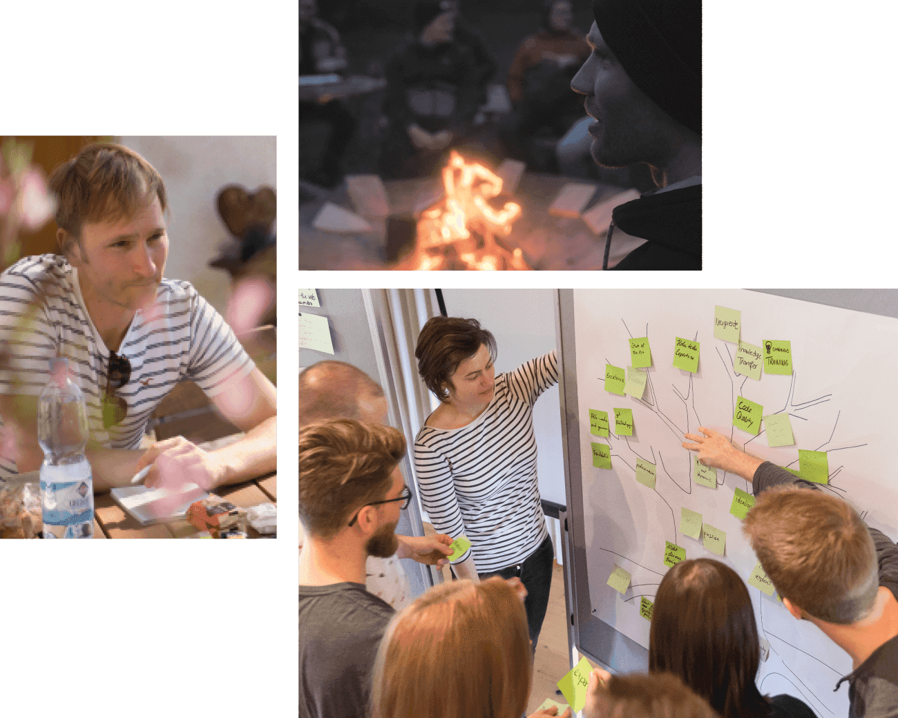 Team members collaborating at a workshop with sticky notes on a wall, brainstorming and planning session