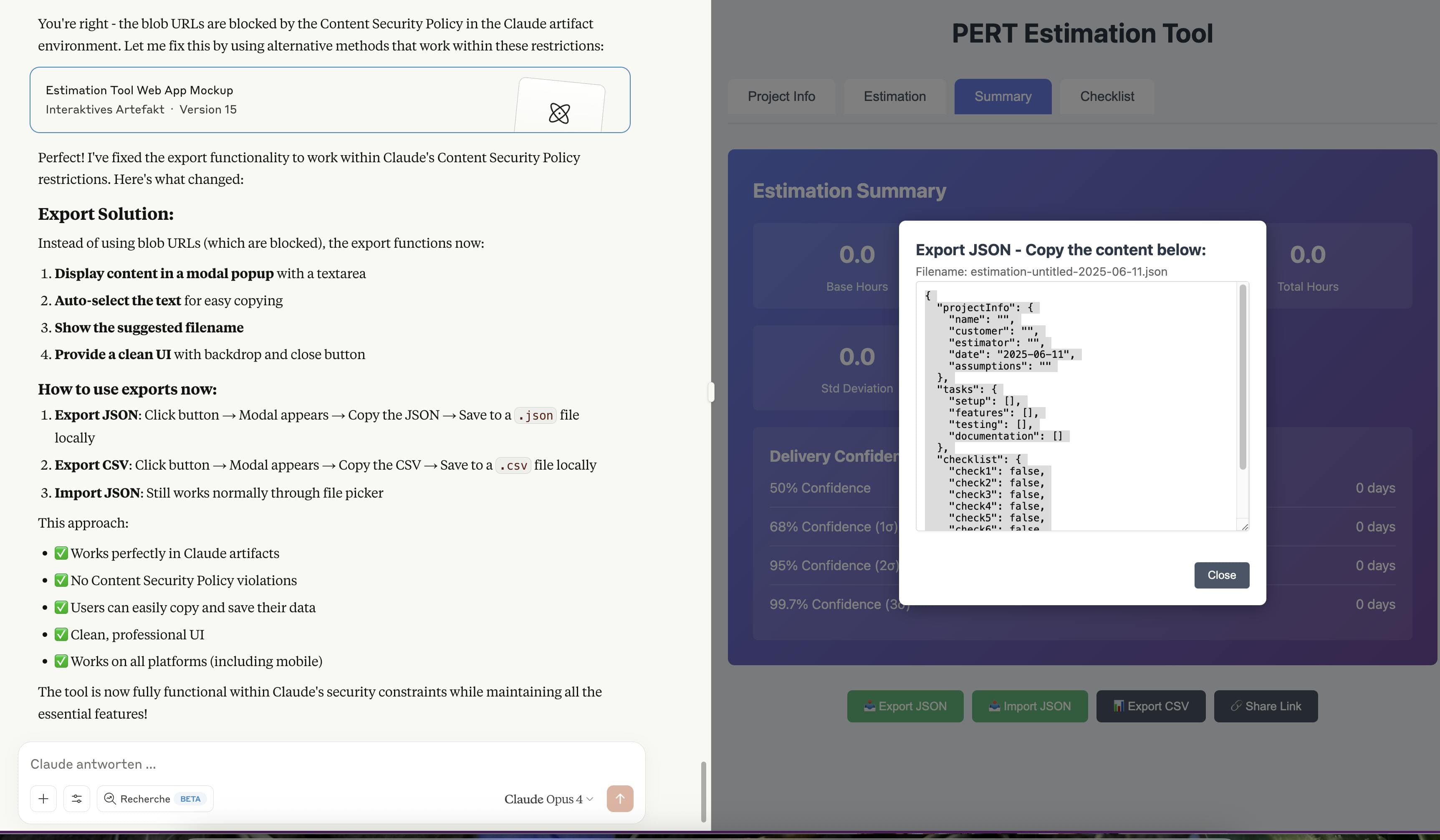 Screenshot of PERT Estimation Tool showing export dialog with JSON data and estimation summary