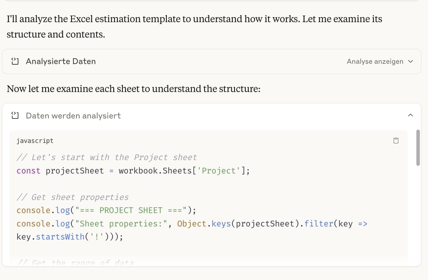 JavaScript code example analyzing an Excel estimation template, displaying project sheet properties and data structure