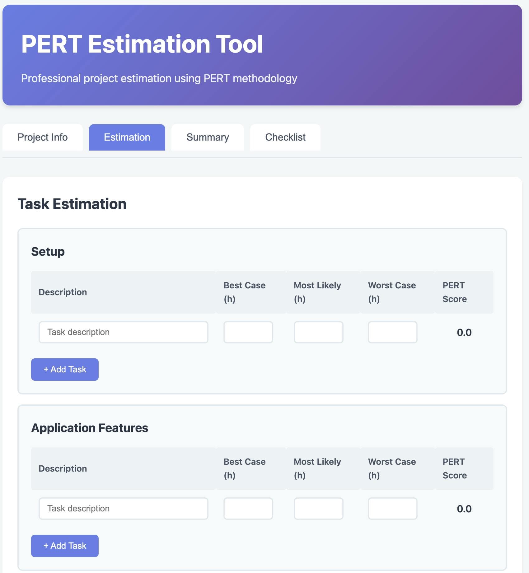 PERT estimation tool interface showing task estimation form with Best Case, Most Likely, and Worst Case input fields and PERT Score calculation.
