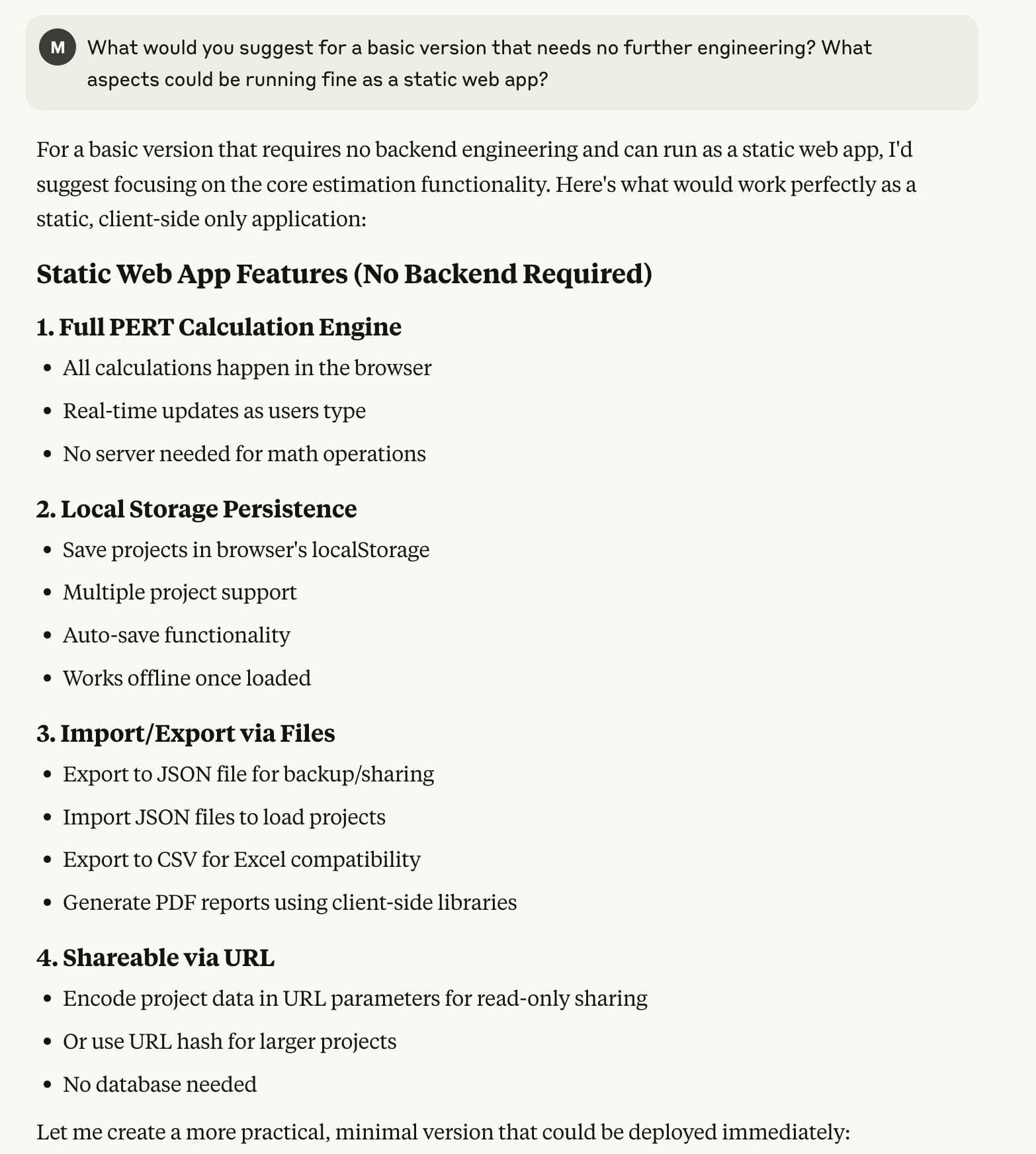 Screenshot of web development documentation showing PERT calculator features and static web app capabilities without backend requirements.