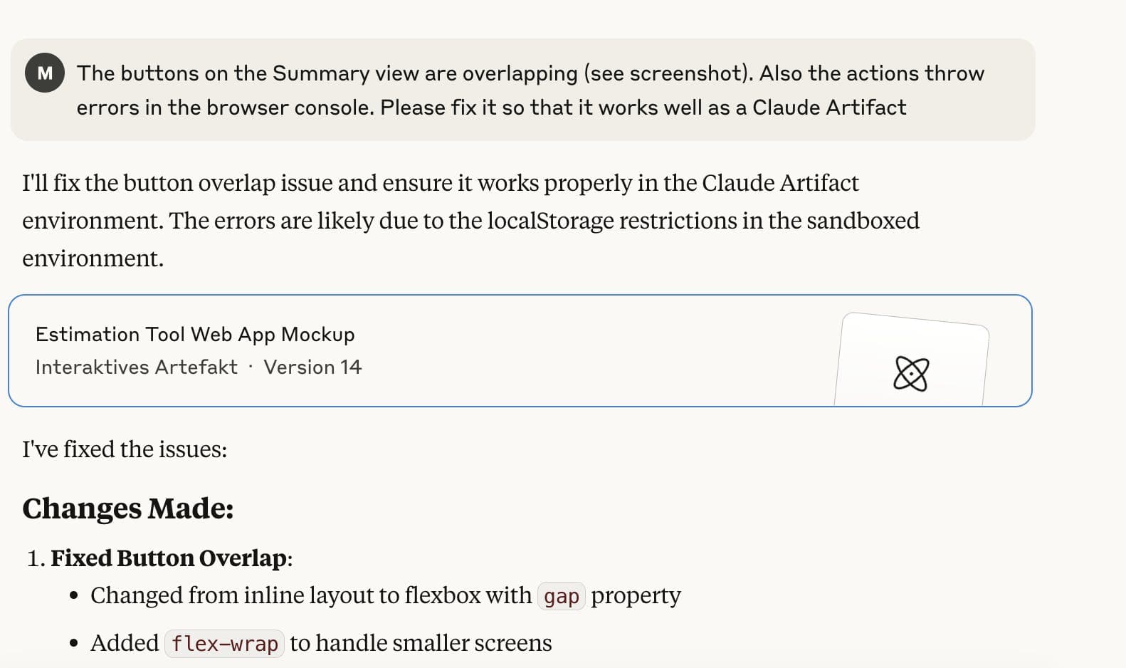 Screenshot of a message describing fixes for button overlap issues in a web app using flexbox layout changes