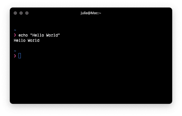 The Terminal in MacOS showing the result of the echo Hello World command: the output is Hello World