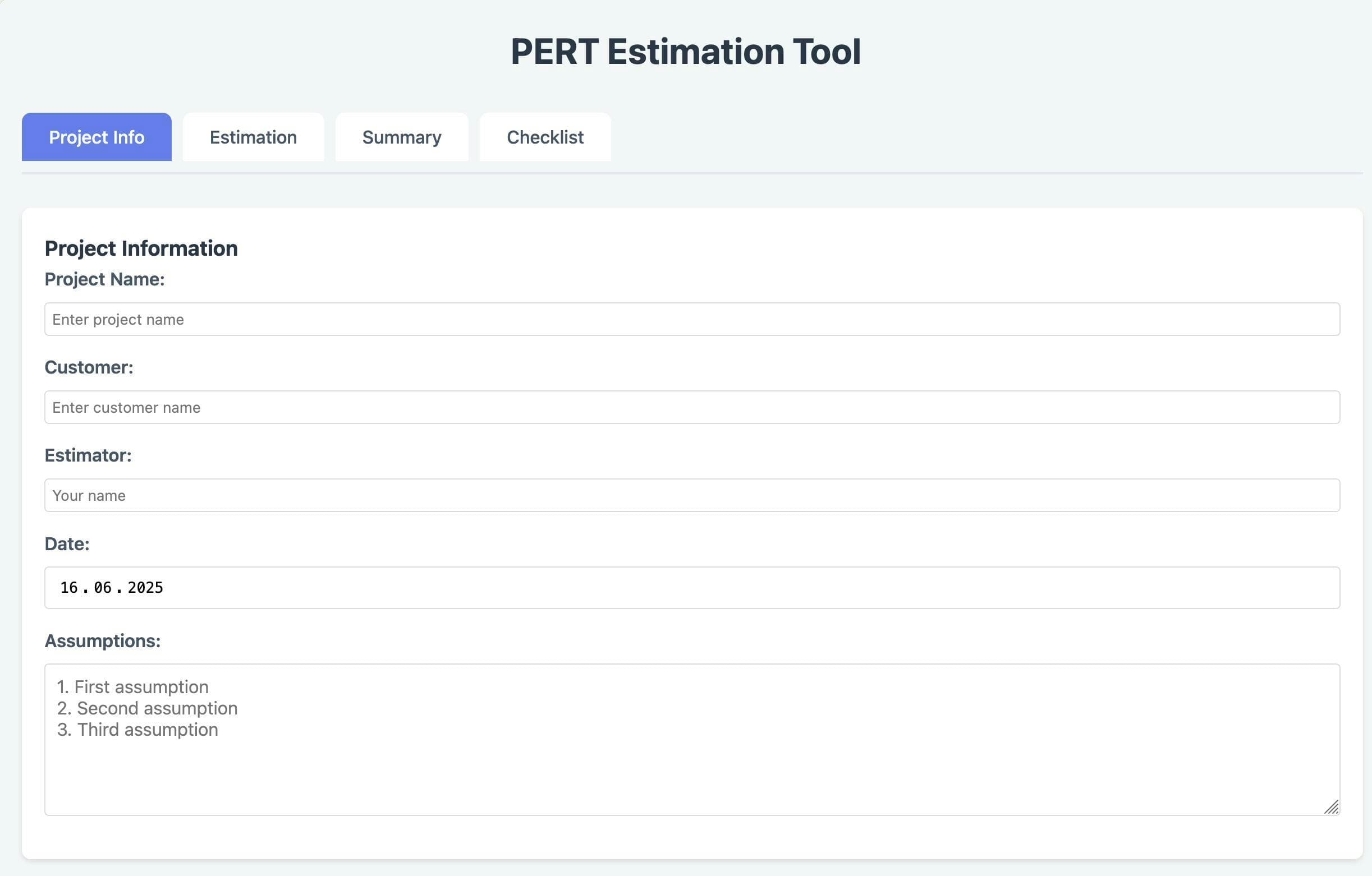 PERT Estimation Tool showing project information form with fields for project name, customer, estimator, date, and assumptions