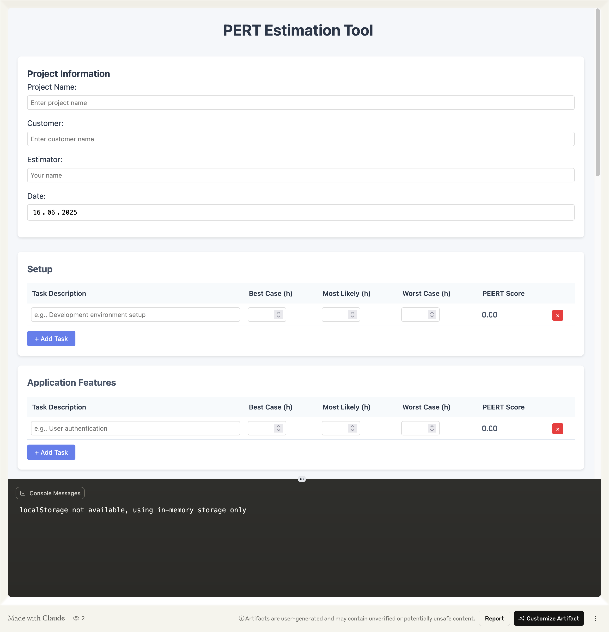 PERT estimation tool interface for adding tasks and calculating project timelines