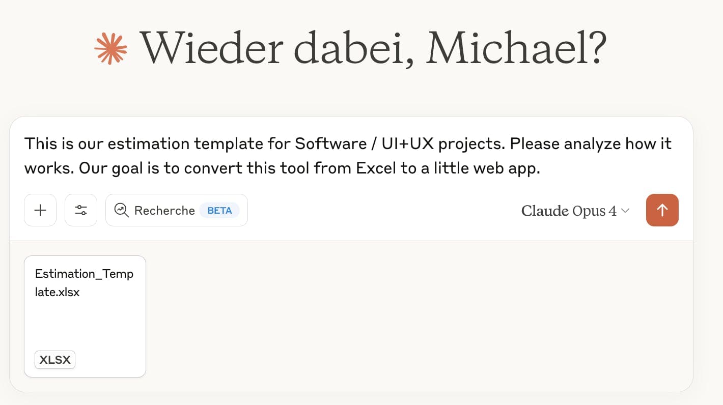 Screenshot of a software estimation template for UI/UX projects with Excel file and Claude Opus 4 integration