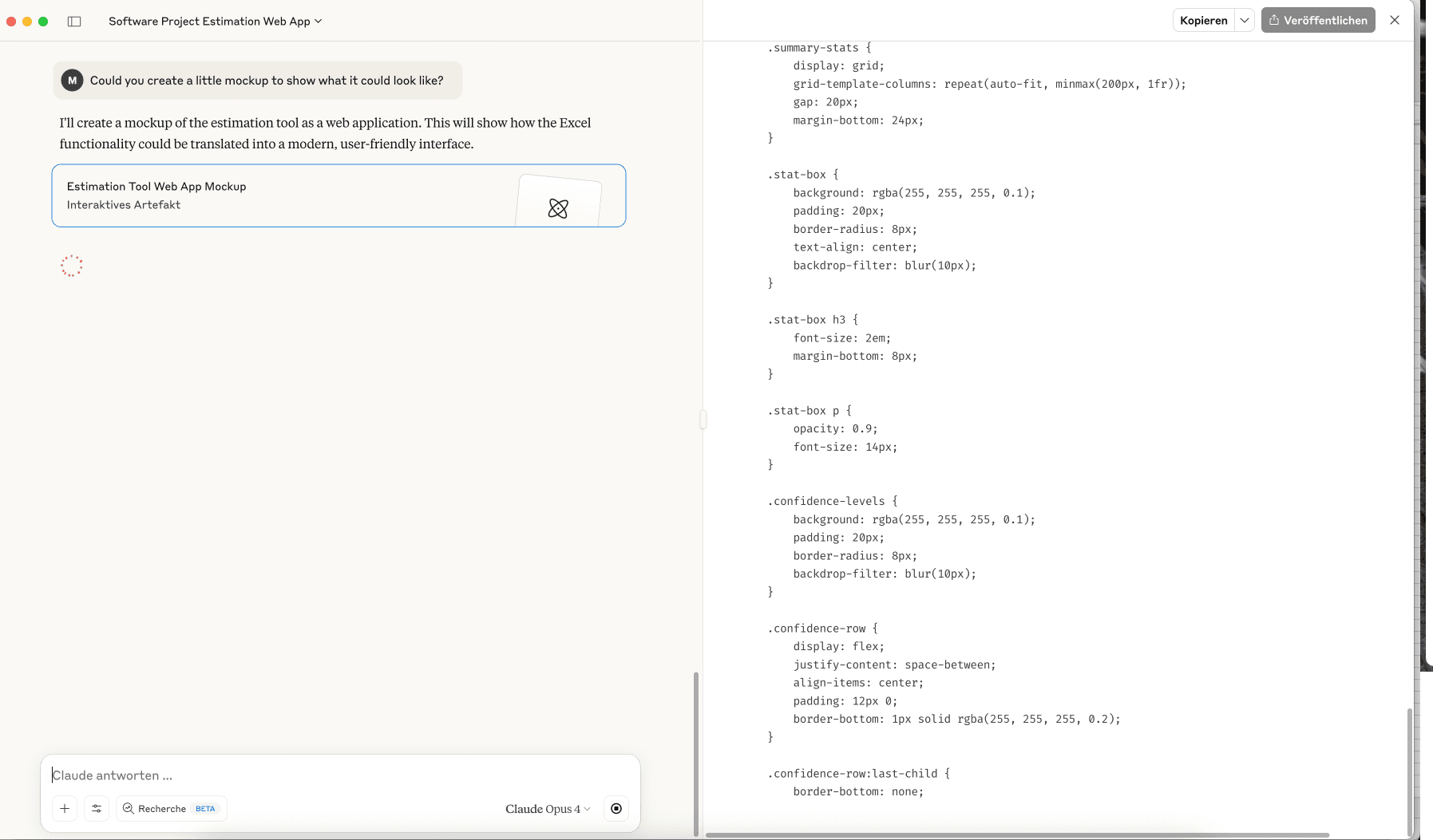 Screenshot of a software project estimation web application with Claude AI integration and CSS code samples